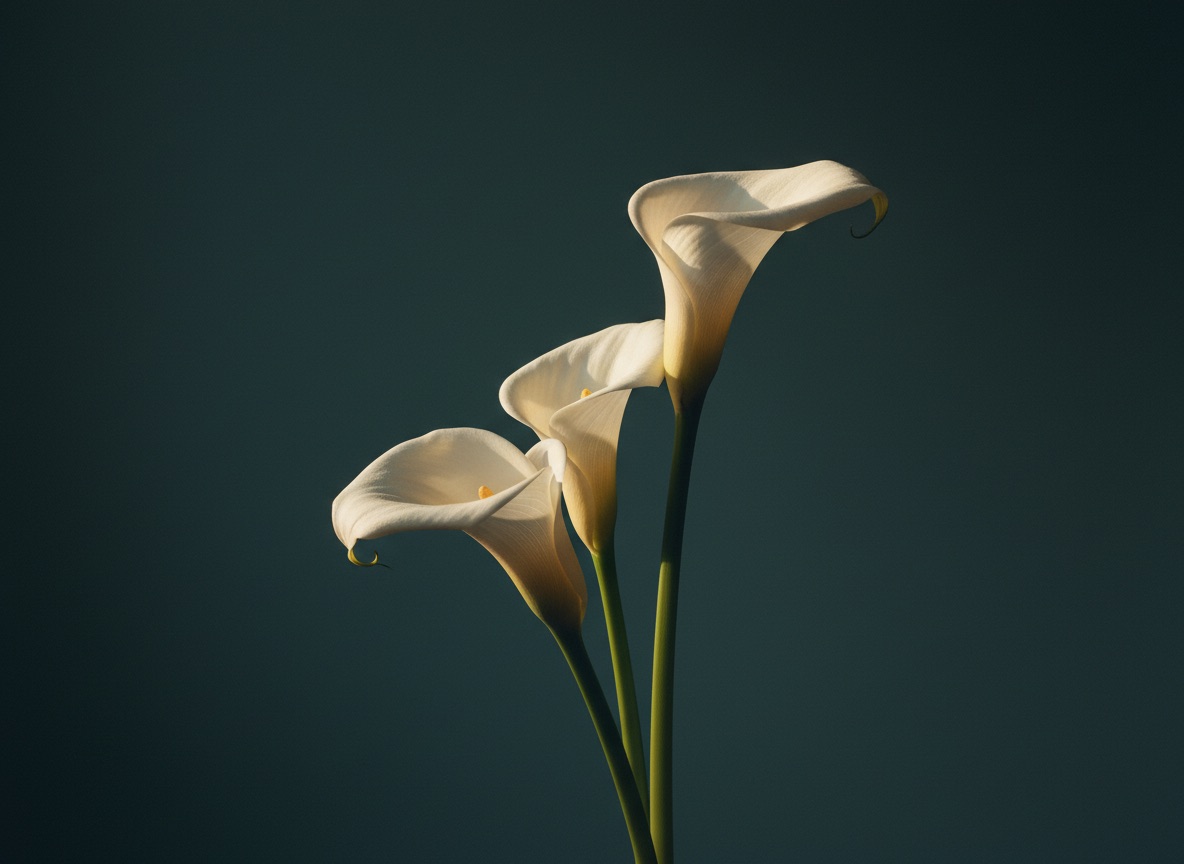 White calla lilies lit softly against a deep teal-green background