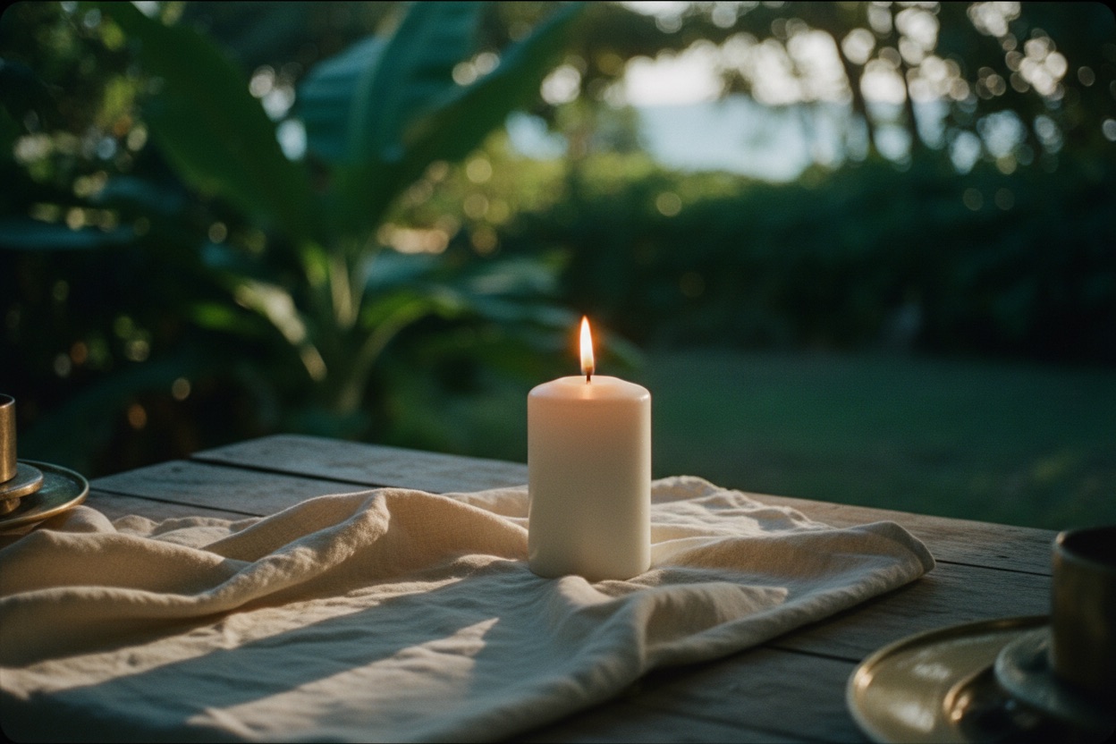 A single lit candle glowing on cream linen at dusk
