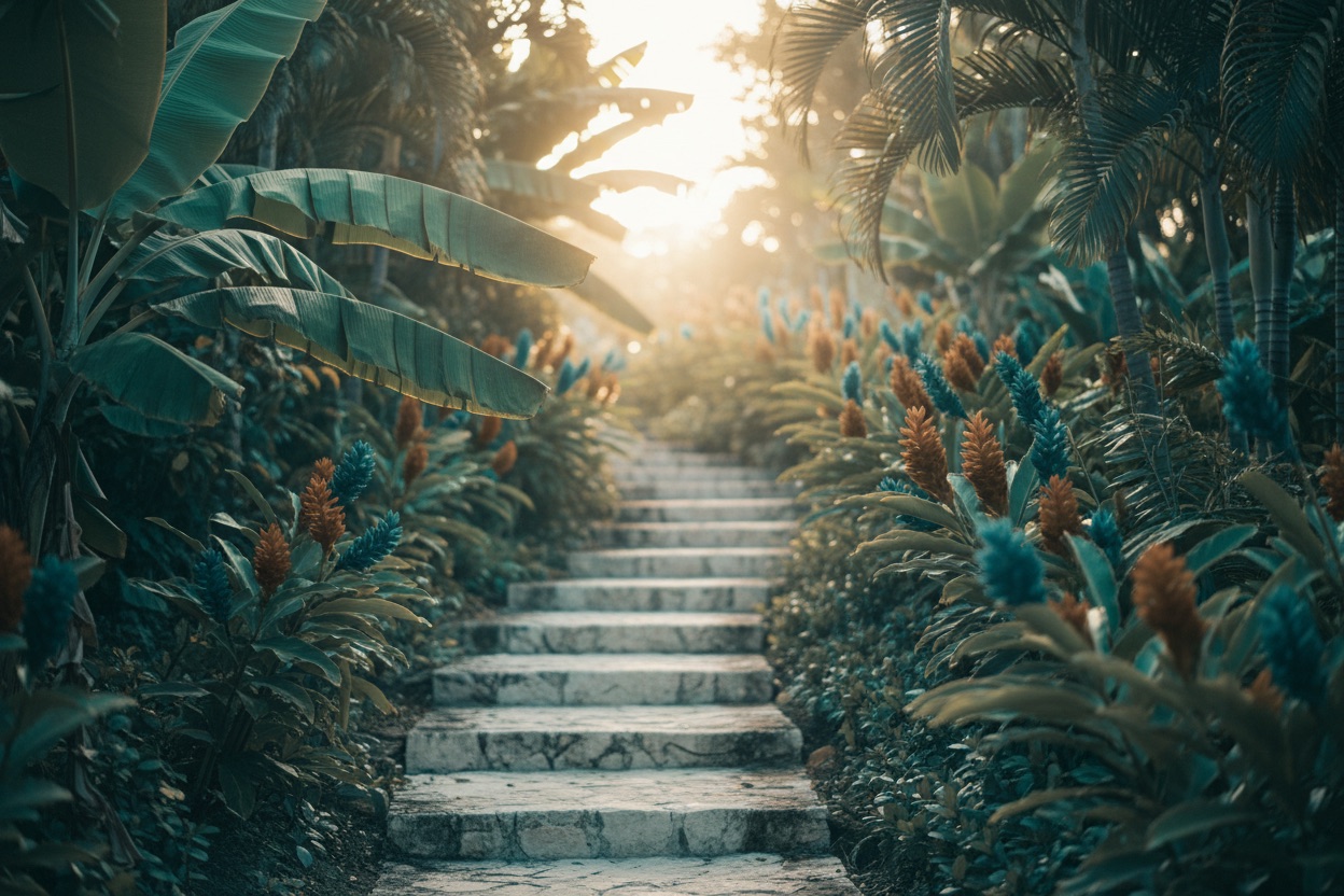 Stone garden steps leading gently toward soft morning light