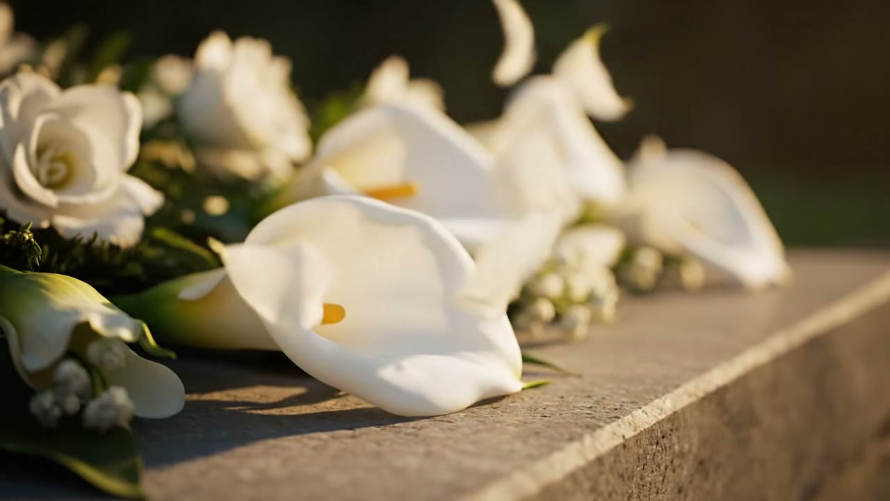 White lilies and soft white flowers resting on pale stone in warm morning light
